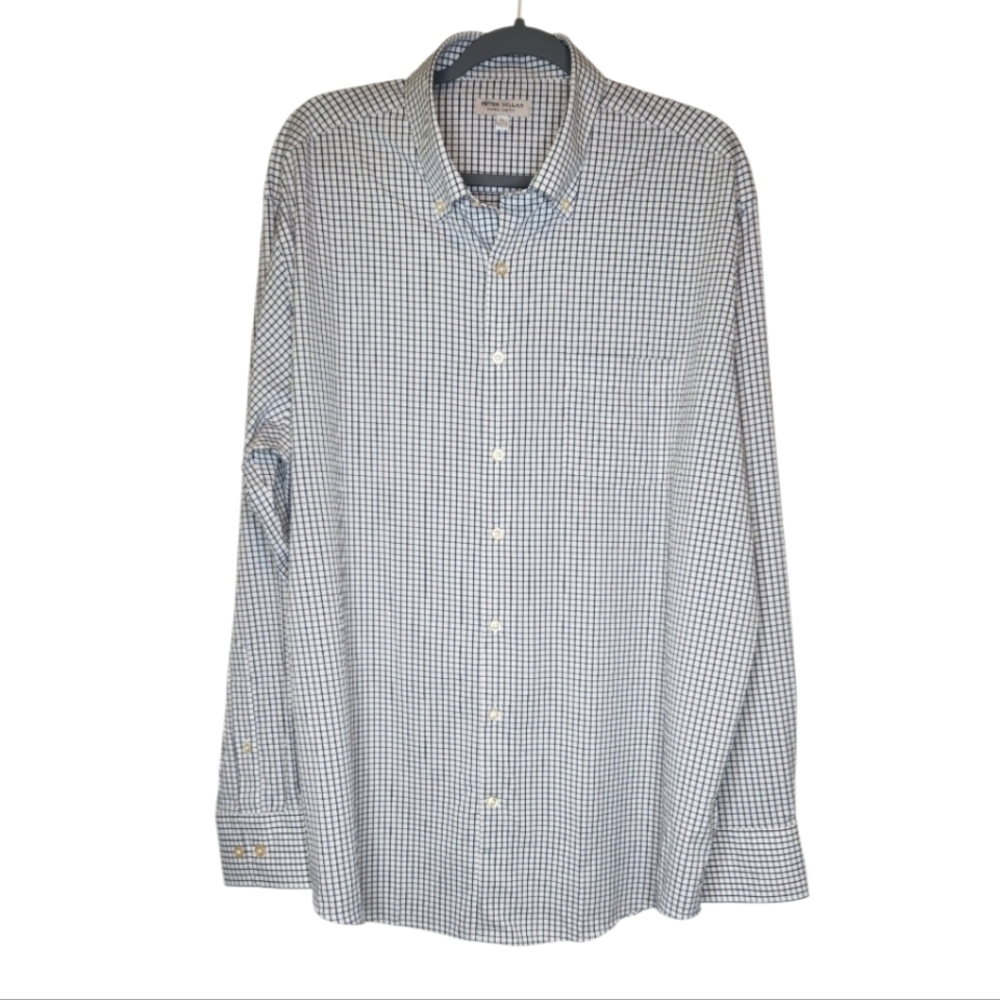 Peter Millar Summer Comfort Navy White Windowpane Plaid Button Front Shirt XL